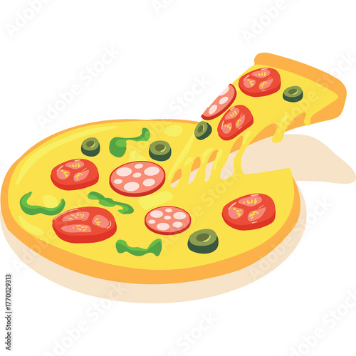 pizza slice with cheese, tomatoes, olives clip art preview
