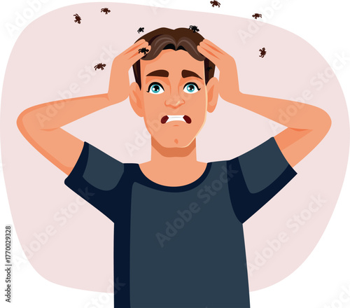 
Man with Head Lice Problems Scratching Scalp Vector Illustration. Adult guy experiencing an itchy scalp due to pediculus humanus capitis