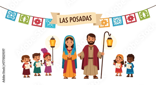 Las Posadas display Mary Joseph kids with songbooks lanterns and colorful flags