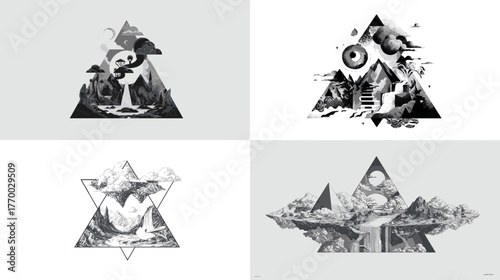 Abstract surreal mountain landscape inside geometric shapes. Black and white double exposure art with nature, stairs, and cosmic imagination design.