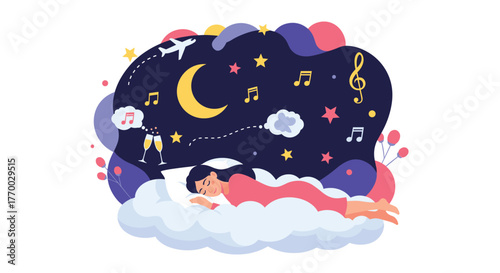 A woman sleeps peacefully on a cloud, her dreams filled with music, travel, and celebratory moments.