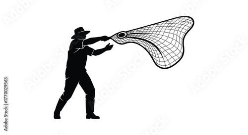 Man in hat holding a large butterfly net in silhouette against a white background catching insects silhouette