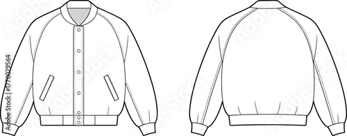 Bomber jacket technical fashion flat sketch, unisex outerwear clothing vector template, detailed CAD drawing for modern streetwear design flat vector illustration