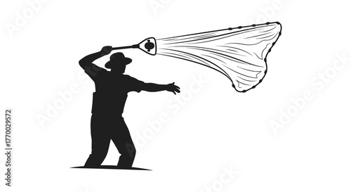 A person in silhouette holding a large butterfly net in an open field silhouette