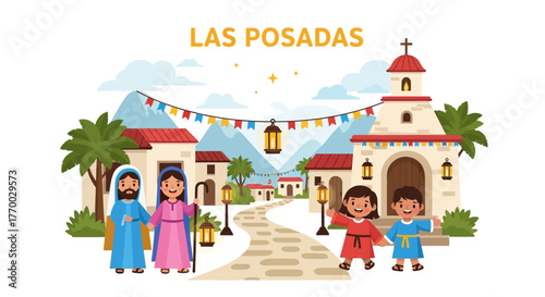 Las Posadas illustration Mary Joseph children buildings and festive decorations