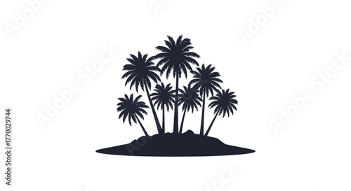 A cluster of tropical palm trees standing tall on a small island against a white background silhouette