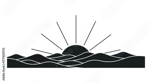 Stylized sunrise over wavy landscape with radiating lines in a minimalist black and white silhouette