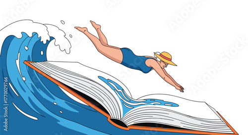 A woman in a swimsuit and straw hat dives into an open book that transforms into a wave, symbolizing the immersive experience of reading.