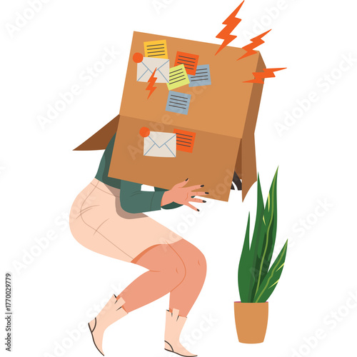 Behang Pixelated Person Wearing Cardboard Box Over Head Covered in Notes and Envelopes