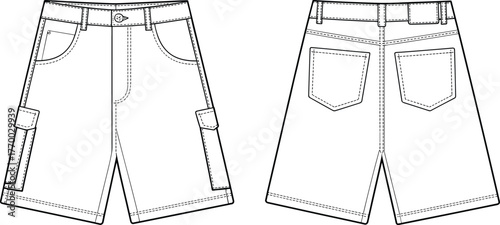 Boy denim cargo shorts front and back technical fashion flat with belt loops pockets top-stitching ready for tech pack upload, cad drawing flat vector illustration