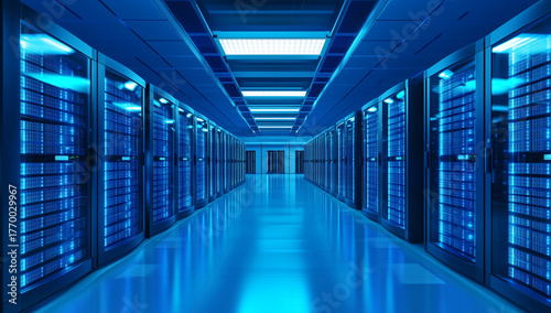 Modern server room with blue lights, rows of secure racks and advanced technology creates a clean digital data space.