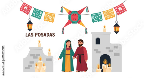 Las Posadas scene Mary  Joseph houses with candles piñata and festive decorations