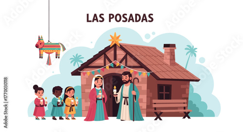 Las Posadas scene Mary Joseph  children with candles near a decorated house  piñata