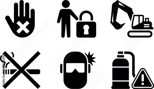 Industrial safety icons set featuring warning signs and symbols for construction and manufacturing vector