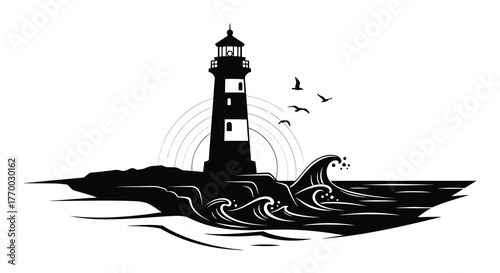 Dramatic black silhouette of a tall lighthouse standing on a rocky shore with crashing waves and flying birds silhouette