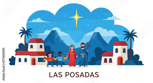 Las Posadas scene with Joseph Mary children holding lanterns walking between houses under a bright star
