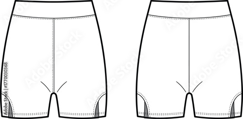 Basic biker shorts technical fashion flat front and back blank apparel template compression activewear cycling tight garment for sportswear, cad drawing flat vector illustration