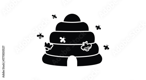 A stylized black silhouette of a traditional beehive with flying bees around it representing beekeeping and honey production silhouette