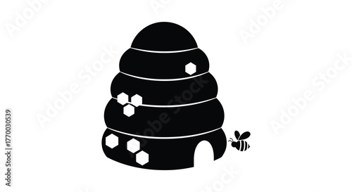 Stylized black silhouette of a tall tiered beehive with honeycomb patterns and a small bee nearby silhouette