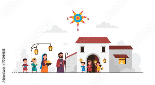 Nativity illustration featuring figures walking towards a building with a piñata hanging overhead