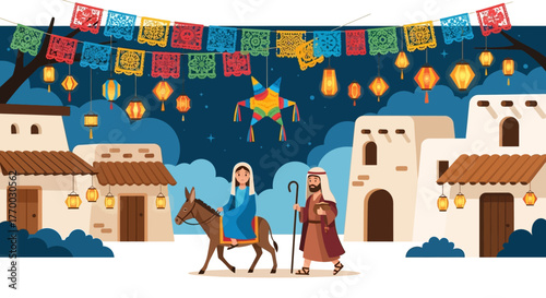 Mary  Joseph journey thru a village decorated with lanterns banners  a piñata under a night sky