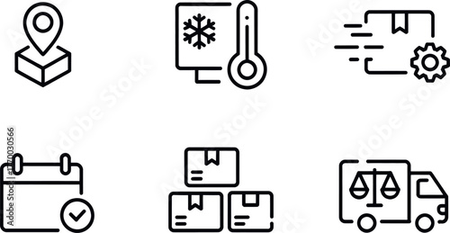 Minimalist line art icons set for logistics delivery services tracking and temperature control vector