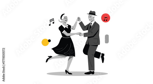 A cheerful senior couple, dressed in elegant vintage attire, dances with joy and vitality, surrounded by musical notes and colorful shapes.
