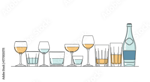 A diverse collection of elegant beverage glasses and a bottled drink, each partially filled with refreshing liquid, presented on a clean white background.