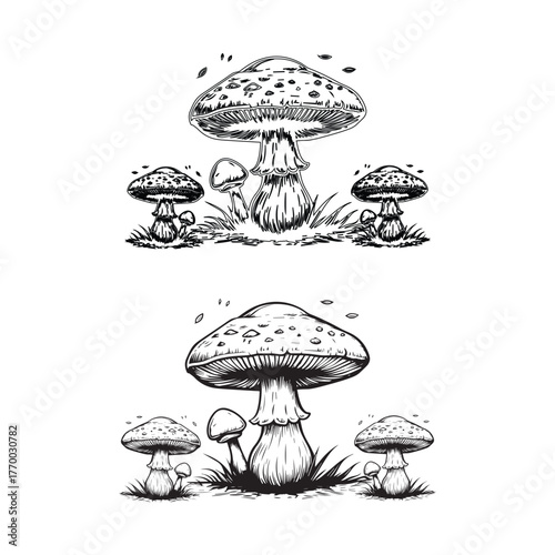 Mushrooms set. Hand drawn growing mushroom, mycelium in vintage engraving style. Sketch vector illustration