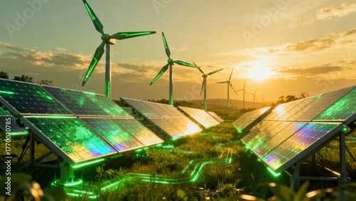 Renewable energy sources with solar panels and wind turbines