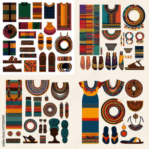 Colorful African traditional clothing and accessories set. Includes tribal dresses, necklaces, sandals, and textiles in bold ethnic patterns for culture and fashion design.