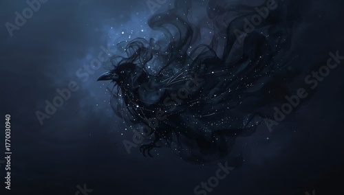Raven to Shadow Spirit Triptych — Mysterious raven dissolving into black smoke and stardust, dark celestial artwork and smartphone wallpaper.