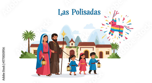 Nativity procession scene with Joseph Mary children lanterns and a donkey piñata