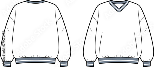 Blank crewneck and V-neck sweatshirt back view technical fashion template with rib cuffs and hem for apparel mockup, cad drawing flat vector illustration