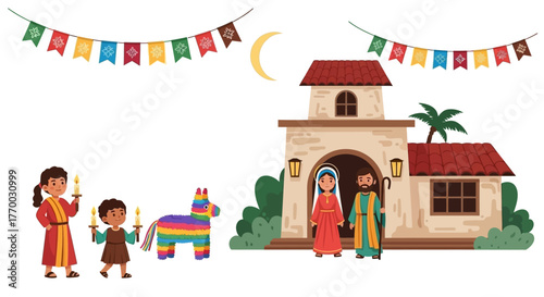 Nativity scene depicts Mary Joseph children with candles a piñata and a home decorated with festive bunting