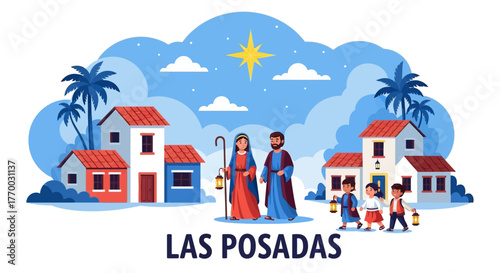 Nativity scene illustration with houses stars palms and people celebrating Las Posadas