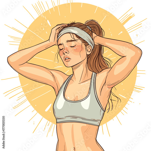 exhausted and sweaty young woman in sportswear is fighting the heat wave. Hand drawn style vector design illustrations.   , vector style simple color