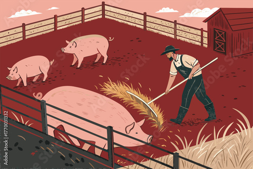 Rustic pig pen, farmer spreading straw, autumn barnyard, farm life, rural setting, golden light, earthy tones, agricultural work, animal husbandry.