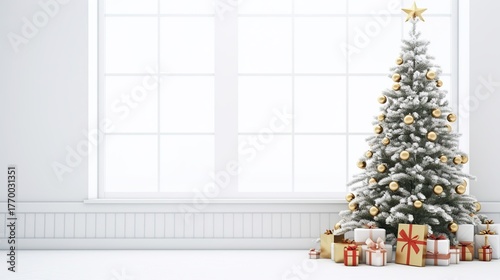 A beautifully decorated Christmas tree with golden ornaments and a star topper, surrounded by wrapped gifts, stands beside a large window.