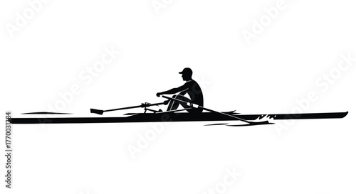 Single sculler rowing boat silhouette on water with oars extended during a calm morning paddle