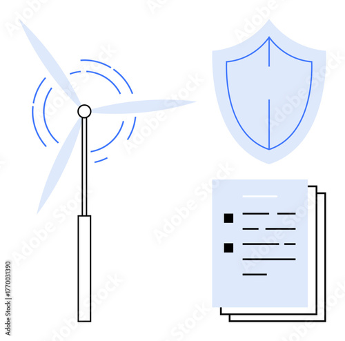 Wind turbine generating energy, shield symbolizing protection, and documents representing legal agreements. Ideal for sustainability, renewable energy, legal context, environmental protection