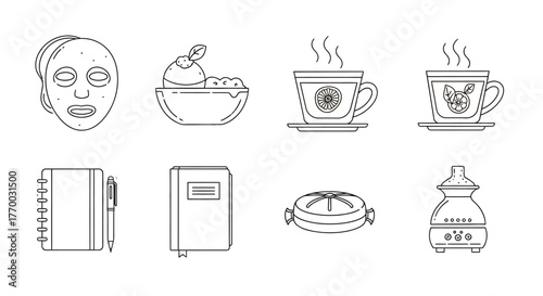 minimalist line art icons depicting self-care and relaxation essentials face mask hot tea books aromatherapy diffuser ideal for wellness content.