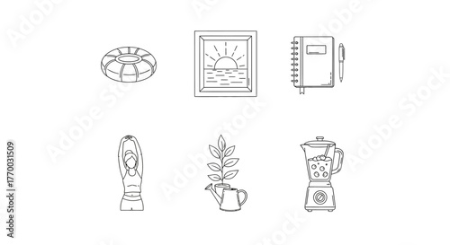 minimalist line art icons for healthy lifestyle and wellness depicting daily routines self-care nature and healthy habits.