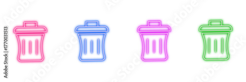 Neon glowing trash can vector icons set, delete, remove, garbage, waste, recycle, symbol, UI, UX, vibrant colorful digital design illustration on transparent background. 