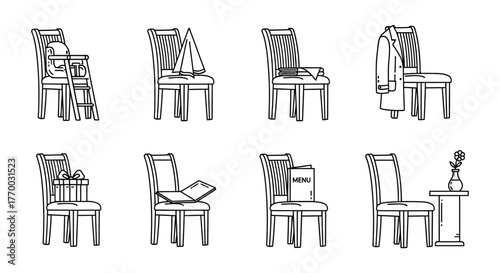 minimalist line art icons of chairs depicting various daily life and hospitality concepts in restaurant home and event settings