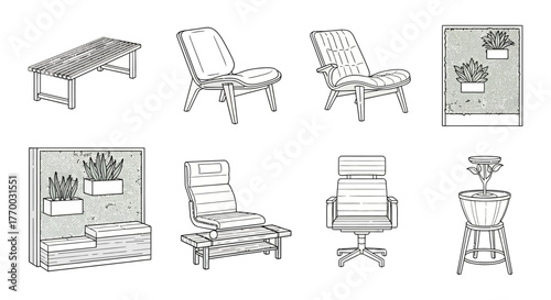 minimalist line art illustration of modern furniture and vertical garden elements ideal for contemporary interior design comfort and biophilic living concepts.