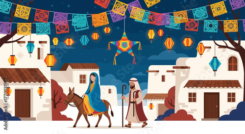 Nativity scene in a town with Mary Joseph donkey piñata lanterns and papel picado banners