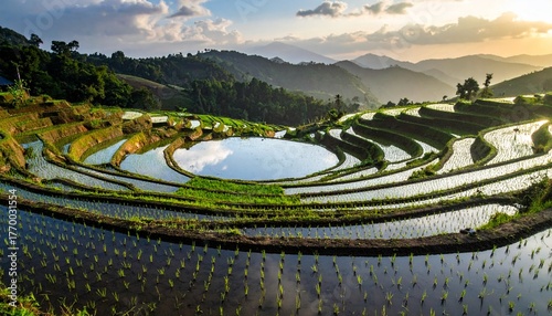 Stunning rice terraces cascade down lush hillsides, reflecting the sky in tranquil waters, showcasing sustainable agriculture and serene beauty, ideal for travel, nature, and eco-tourism campaigns