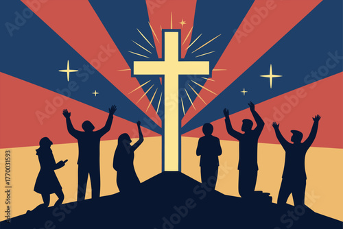 Silhouette of diverse people worshipping under a vibrant, glowing crescent moon, night, sacred ritual, spiritual.