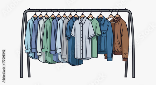 Clothes rack shirts jackets on hangers varied colors